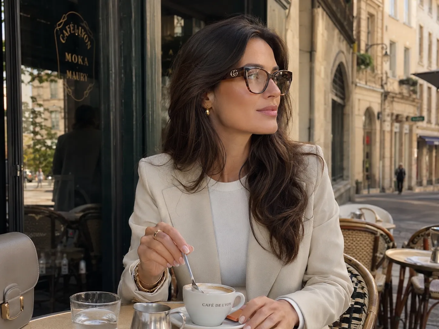 Femme élégante style quiet luxury au café lyonnais qui porte des lunettes Gucci GG1138O.